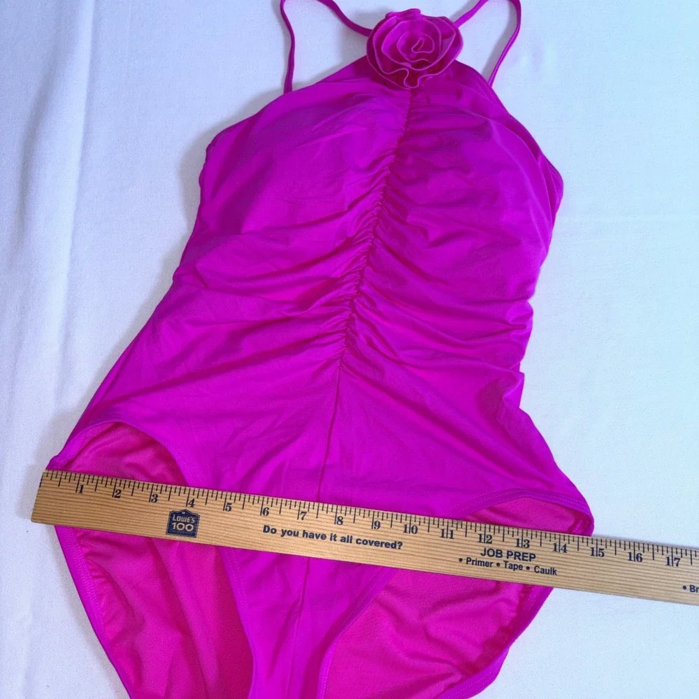Kate Spade one Piece Swimsuit Medium snap dragon New Ruched Rosette High Neck